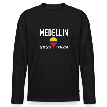 Localisation de Medellin Latitude en Colombie - T-shirt manches longues Premium bio Homme - noir - Devant - Nico (187cm)