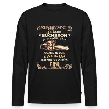 Bois bucheron. Humour tronçonneuse - T-shirt manches longues Premium bio Homme - noir - Devant - Nico (187cm)