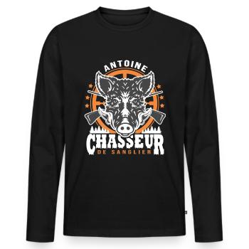 Antoine chasseur de sanglier Humour Chasse - T-shirt manches longues Premium bio Homme - noir - Devant - Nico (187cm)