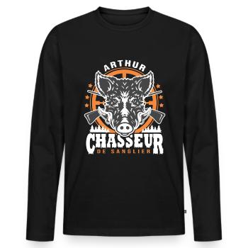 Arthur chasseur de sanglier Humour Chasse - T-shirt manches longues Premium bio Homme - noir - Devant - Nico (187cm)