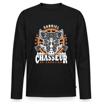 Gabriel chasseur de sanglier Humour Chasse - T-shirt manches longues Premium bio Homme - noir - Devant - Nico (187cm)