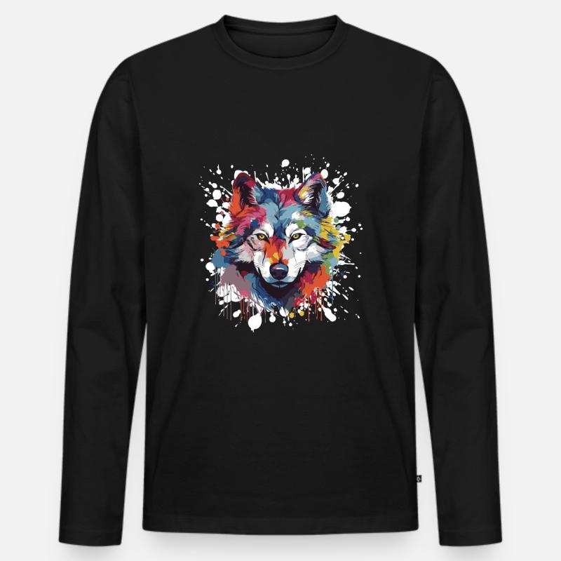 Wolf Pop Art Kopf - Männer Premium Bio Langarmshirt - Schwarz