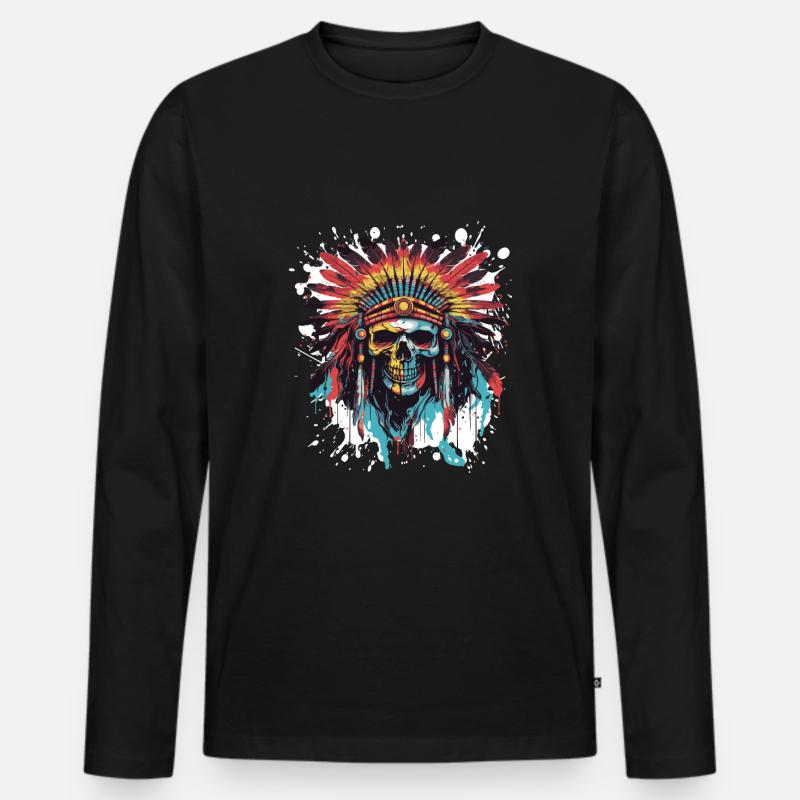 Apache Totenkopf Indianer Pop Art - Männer Premium Bio Langarmshirt - Schwarz