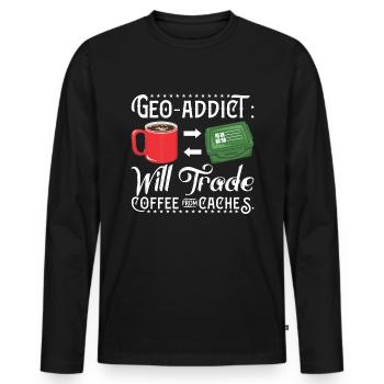 Geo-addict: Will trade coffee for caches. - Men's Premium Organic Long Sleeve Shirt - black - Front - Nico (187cm)