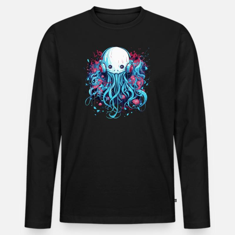 Qualle mit Kopfhörer - Männer Premium Bio Langarmshirt - Schwarz