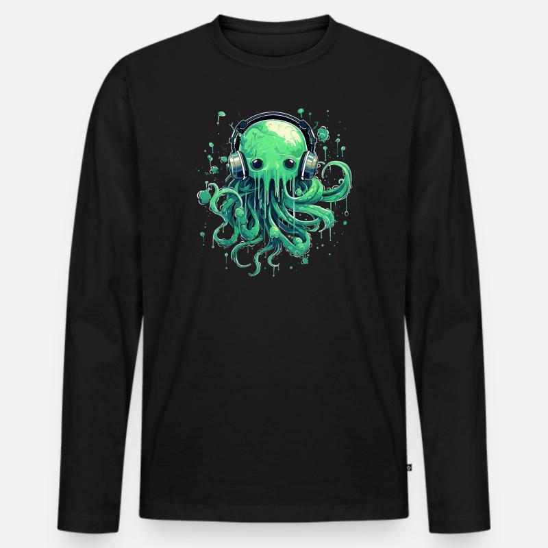 Qualle mit Kopfhörer - Männer Premium Bio Langarmshirt - Schwarz