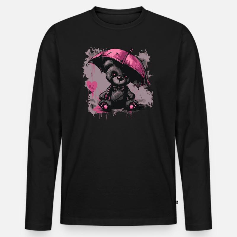 Niedlicher Teddybär mit Regenschirm - Männer Premium Bio Langarmshirt - Schwarz