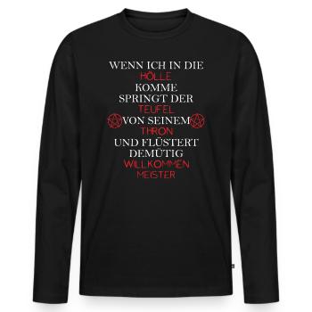 Satan Teufel Wenn ich in die Hölle komme springt - Männer Premium Bio Langarmshirt - Schwarz - Vorne - Nico (187cm)