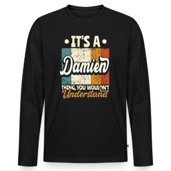 Nom Damien Cadeau Citation d’anniversaire - T-shirt manches longues Premium bio Homme - noir - Devant - Nico (187cm)