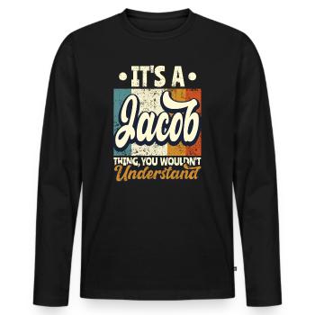 Nom Jacob Cadeau Citation d’anniversaire - T-shirt manches longues Premium bio Homme - noir - Devant - Nico (187cm)