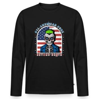 Crâne Punk w Neon Mohawk et fond de drapeau des États-Unis - T-shirt manches longues Premium bio Homme - noir - Devant - Nico (187cm)
