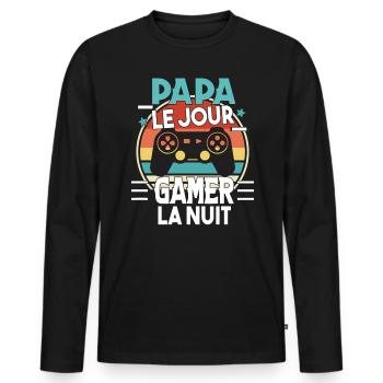 Papa Gamer Cadeau Humour Fête des Pères Geek - T-shirt manches longues Premium bio Homme - noir - Devant - Nico (187cm)