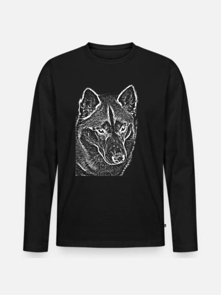 Wolfsblick Linienzeichnung Druckdesign Husky - Männer Premium Bio Langarmshirt - Schwarz