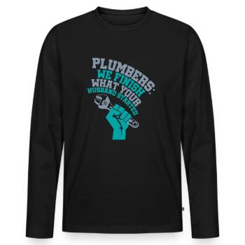 Funny plumber motive with saying in english - Men's Premium Organic Long Sleeve Shirt - black - Front - Nico (187cm)