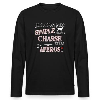 Un mec simple chasse humour - T-shirt manches longues Premium bio Homme - noir - Devant - Nico (187cm)