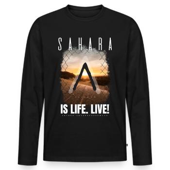 SAHARA Adventure Freedom is life. Live! by ART8NS - Männer Premium Bio Langarmshirt - Schwarz - Vorne - Nico (187cm)