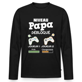 Papa et bébé joueurs de jeux vidéos - T-shirt manches longues Premium bio Homme - noir - Devant - Nico (187cm)