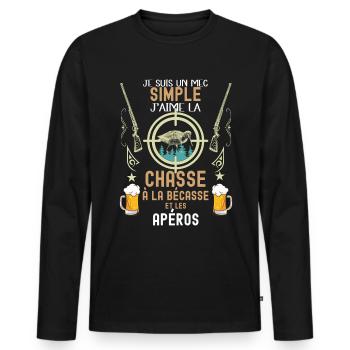 la bécasse du chasseur et l'apéro - T-shirt manches longues Premium bio Homme - noir - Devant - Nico (187cm)