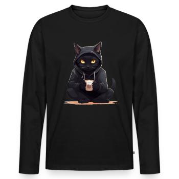 Black cats with coffee mug drink cat - Men's Premium Organic Long Sleeve Shirt - black - Front - Nico (187cm)