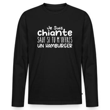 Femme qui adore : Hamburger. Design Drôle Humour - T-shirt manches longues Premium bio Homme - noir - Devant - Nico (187cm)