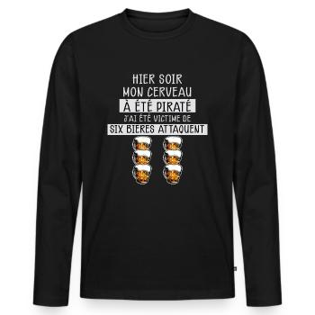Apéro Idée Cadeau Papa Humour Six Bières Attaquent - T-shirt manches longues Premium bio Homme - noir - Devant - Nico (187cm)