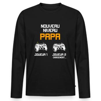 Nouveau niveau Papa annonce naissance - T-shirt manches longues Premium bio Homme - noir - Devant - Nico (187cm)