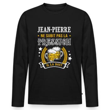 Jean-Pierre bière cadeau jean pierre fêtes - T-shirt manches longues Premium bio Homme - noir - Devant - Nico (187cm)