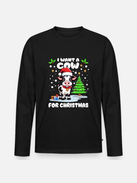 Kleine Kuh mit Mütze feiert Weihnachten im Schnee - Männer Premium Bio Langarmshirt - Schwarz