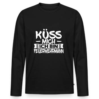 Küss mich ich bin Feuerwehrmann - Männer Premium Bio Langarmshirt - Schwarz - Vorne - Nico (187cm)