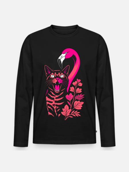 Tropical Cat & Flamingo - Summer 2025 - Men's Premium Organic Long Sleeve Shirt - black