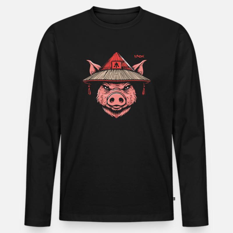 Asiatischer Bauer, ein Schwein - Männer Premium Bio Langarmshirt - Schwarz