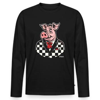 Checker, ein pummeliges Schwein im Stil der 50er - Männer Premium Bio Langarmshirt - Schwarz - Vorne - Nico (187cm)