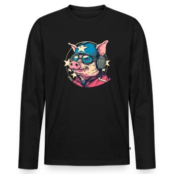 Cochon de dessin animé pilote cool et résistant - T-shirt manches longues Premium bio Homme - noir - Devant - Nico (187cm)