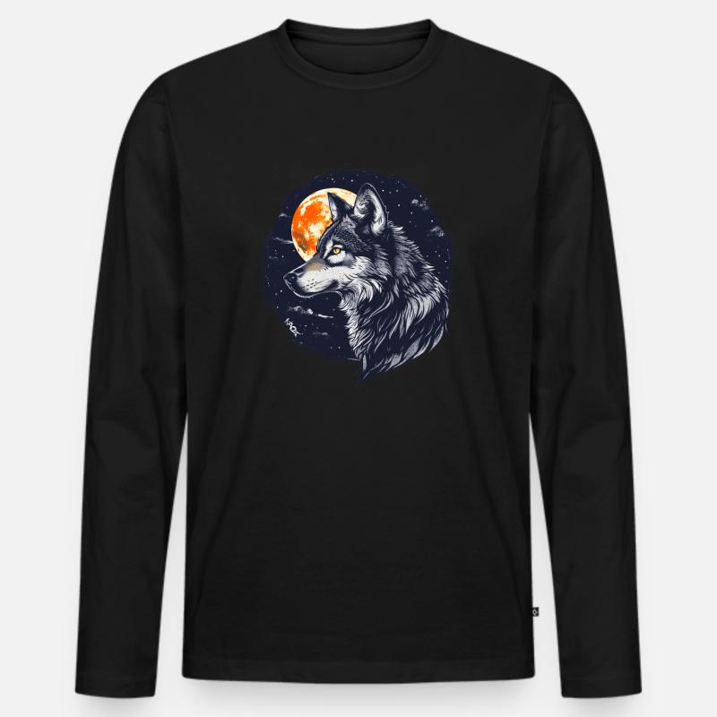 Wolf und Vollmond - Männer Premium Bio Langarmshirt - Schwarz