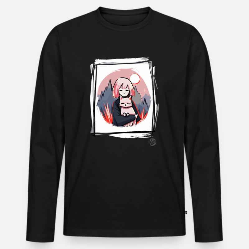 Mädchen mit Katze - Männer Premium Bio Langarmshirt - Schwarz