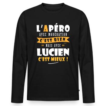 Lucien Apero T shirt Humour personnalisé lucien - T-shirt manches longues Premium bio Homme - noir - Devant - Nico (187cm)