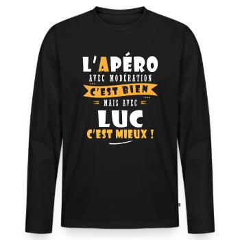 Luc Apero T shirt Humour personnalisé luc - T-shirt manches longues Premium bio Homme - noir - Devant - Nico (187cm)