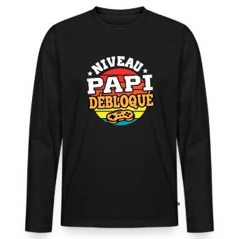 Niveau papi débloqué cadeau grand-père humour - T-shirt manches longues Premium bio Homme - noir - Devant - Nico (187cm)