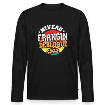 Niveau frangin débloqué cadeau frère humour - T-shirt manches longues Premium bio Homme - noir - Devant - Nico (187cm)