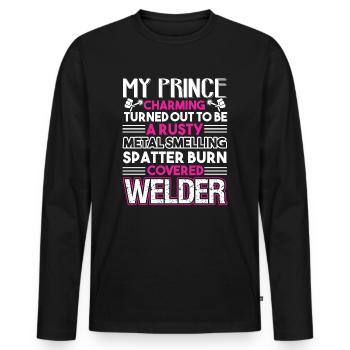 Welder My Prince Charming Is A Welder - Men's Premium Organic Long Sleeve Shirt - black - Front - Nico (187cm)