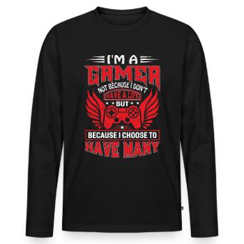 Je suis un joueur non pas parce que je n’ai pas de vie mais... - T-shirt manches longues Premium bio Homme - noir - Devant - Nico (187cm)