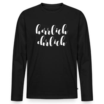 HERRLICH EHRLICH SPRUCH SLOGAN - Männer Premium Bio Langarmshirt - Schwarz - Vorne - Nico (187cm)