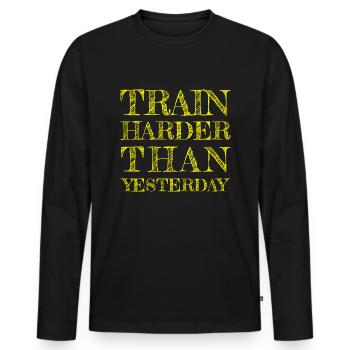 TRAIN HARDER THAN YESTERDAY - FITNESS - TRAINING - Männer Premium Bio Langarmshirt - Schwarz - Vorne - Nico (187cm)