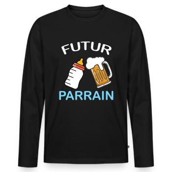 Parrain Annonce Naissance Frère Cadeau Homme - T-shirt manches longues Premium bio Homme - noir - Devant - Nico (187cm)