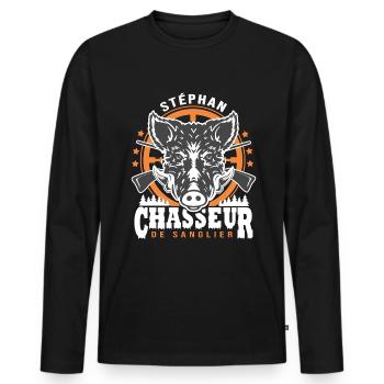 Stéphan chasseur de sanglier Humour Chasse - T-shirt manches longues Premium bio Homme - noir - Devant - Nico (187cm)