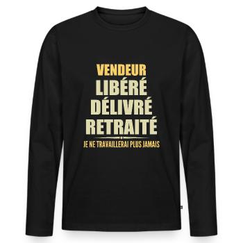 Vendeur célèbre sa retraite avec humour cadeau - T-shirt manches longues Premium bio Homme - noir - Devant - Nico (187cm)