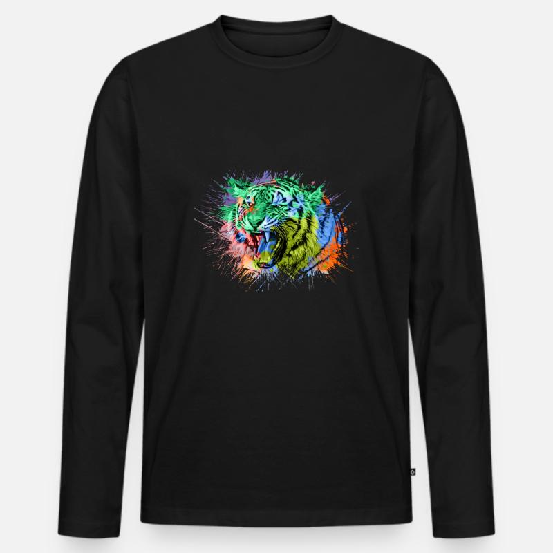 Tiger Regenbogen Bunt Tiere - Männer Premium Bio Langarmshirt - Schwarz