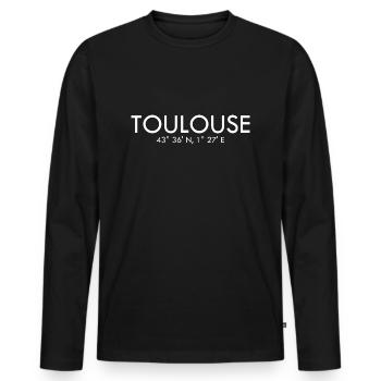 Toulouse, France Coordonnées : Latitude, Longitude - T-shirt manches longues Premium bio Homme - noir - Devant - Nico (187cm)