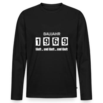 Baujahr 1969 - läuft und läuft und läuft - Männer Premium Bio Langarmshirt - Schwarz - Vorne - Nico (187cm)