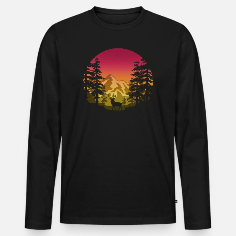 Hirsch im Wald (rund/rosa-gelb) - Männer Premium Bio Langarmshirt - Schwarz